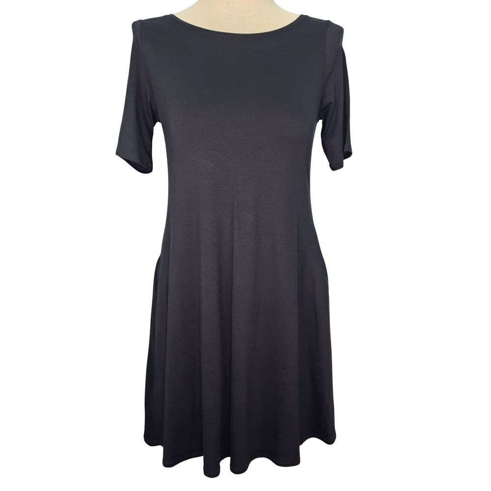 Eileen Fisher Petite‎ Medium Black Jersey Knit Short Sleeve A-Line Pocket Dress